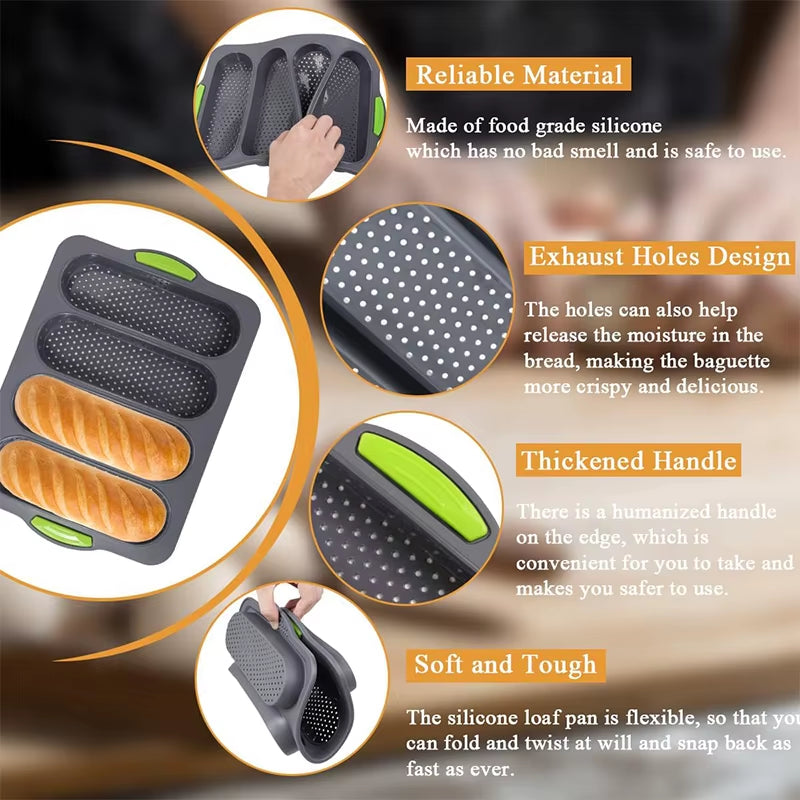 LMETJMA Silicone Loaf Pan Non-Stick 4 Holes Baguette Pan Bread Baking Pan French Bread Baking Pan for Baguettes Hotdog JT368